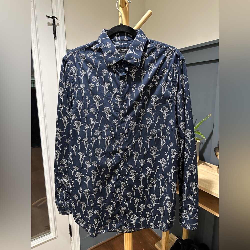 Express Navy Blue Floral Print Dress Shirt